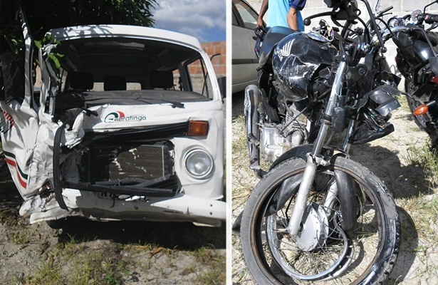 Kombi da Secretaria Municipal de Sa&uacute;de de Guaratinga, que provocou o acidente, e a moto onde estavam as duas v&iacute;timas