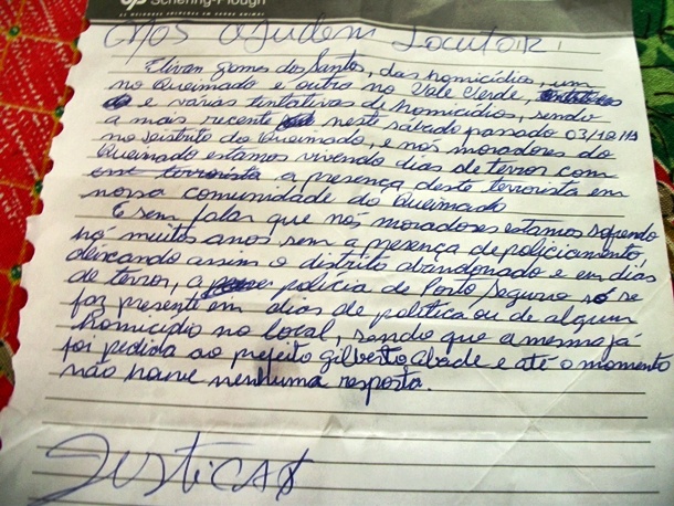 Carta enviado pelos moradores da localidade de 'Queimado'.