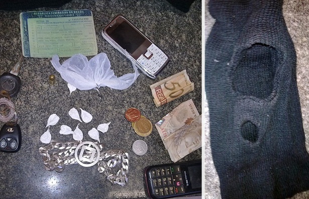 Nove pedras de crack, R$ 100 (cem reais) em esp&eacute;cie, um cord&atilde;o de prata, uma muni&ccedil;&atilde;o intacta, v&aacute;rios documentos de motos e uma toca ninja foram apreendidos na a&ccedil;&atilde;o