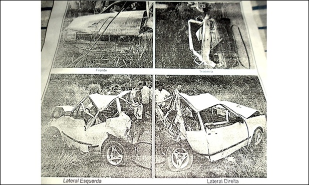 O ve&iacute;culo Gol totalmente destru&iacute;do (foto: c&oacute;pia do relat&oacute;rio de avarias de acidente de tr&acirc;nsito/PRF)
