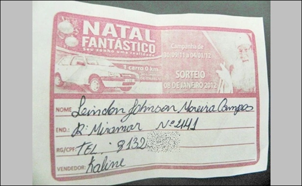 O cupom do ganhador (acima) cont&eacute;m apenas nome, endere&ccedil;o e telefone, n&atilde;o consta n&uacute;mero de nenhum documento.