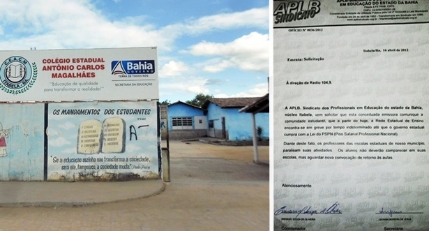 Fachada do Col&eacute;gio Estadual ACM em Itabela (esq.) e, ao lado, comunicado enviado pela APLB/Sindicato, n&uacute;cleo Itabela.