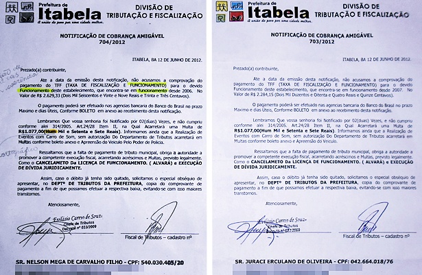 Notifica&ccedil;&otilde;es de cobran&ccedil;a enviadas pelo Departamento de Tributa&ccedil;&atilde;o da Prefeitura de Itabela