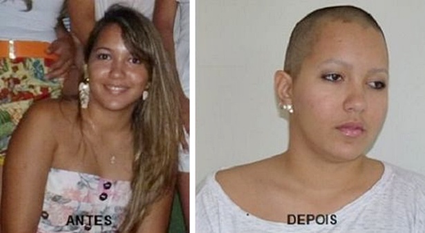Jamille Alves Lima, de 22 anos, esposa do vereador Anderson Amaral, antes e depois de ter as sobrancelhas e os cabelos raspados em sess&atilde;o de tortura cometida pelo vereador