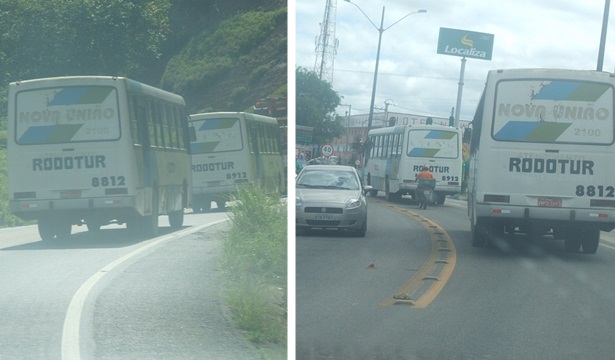 Ônibus da empresa Rodotur seguem sentido a Eunápolis pela BR-101 (esquerda). Ônibus já no centro de Eunápolis, passando em frente à entrada do bairro Pequi, próximo ao Hotel New Max (direita)