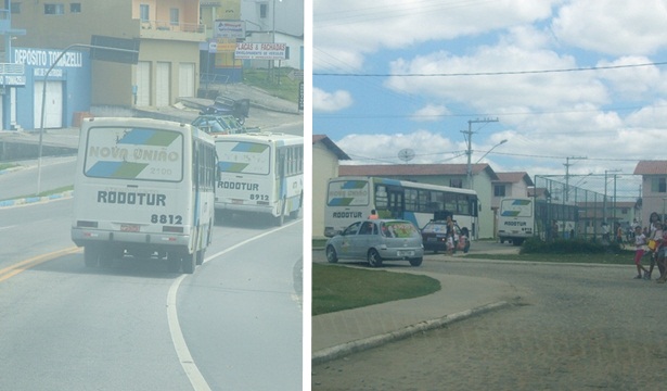 Os ônibus passando em frente ao depósito Tomazelli, próximo ao bairro Gusmão (esquerda). Os ônibus entrando no conjunto habitacional (direita)