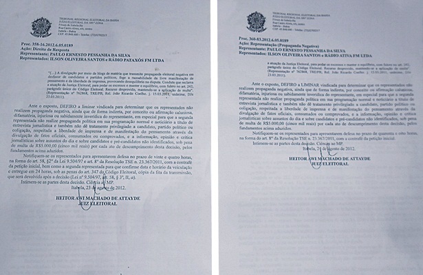Resumo do processos movidos pela coliga&ccedil;&atilde;o "A esperan&ccedil;a est&aacute; de volta" contra as r&aacute;dios Patax&oacute;s FM e Ativa FM