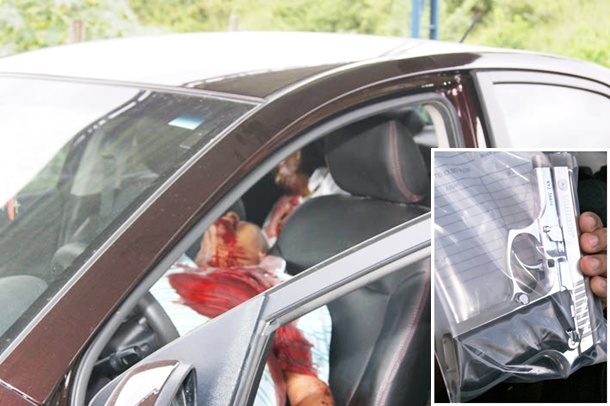 Os corpos de Lu&iacute;s Eug&ecirc;nio e Maria das Gra&ccedil;as, ainda dentro do ve&iacute;culo, e no detalhe a arma usada no crime.