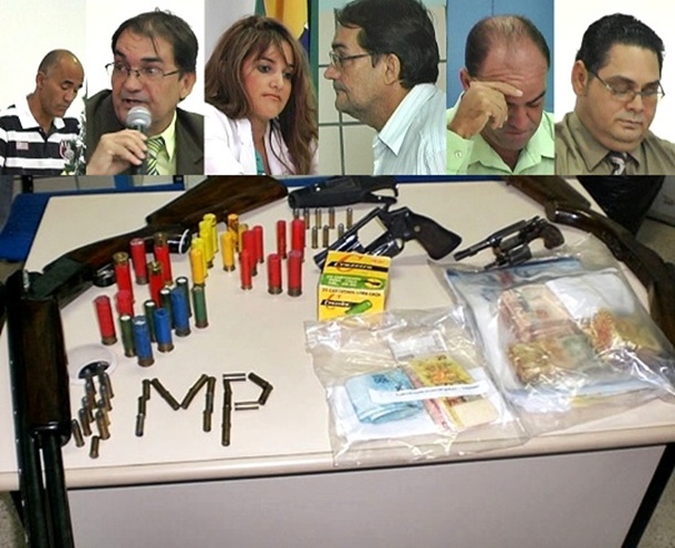 Em cima os seis vereadores presos, e logo abaixo o dinheiro, as armas e as muni&ccedil;&otilde;es apreendidas com os vereadores.