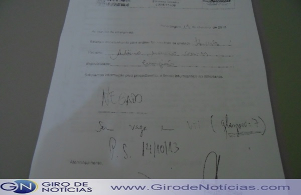 Fax enviado para a cidade de Porto Seguro.(Negado).